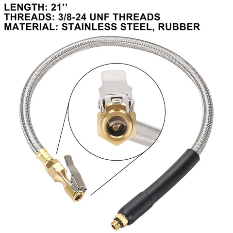 Go-To 21 Inch Tire Inflator Gauge Hose Replacement With Locking Chuck And Brass Connector 3/8-24 UNF Threads For Quick PSI Checks, Heavy Duty Air Line, Handles Up To 300 PSI Working Pressure And 1100 PSI Burst. 21-inch braided stainless steel hose with locking chuck and brass fitting