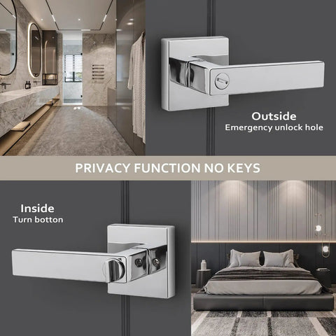 Polished Chrome Door Lever Set 6 Pack Heavy Duty Privacy Interior Door Handles showing inside turn button and emergency unlock hole.