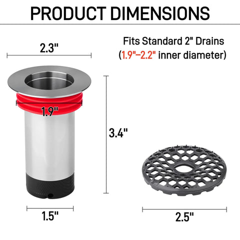 Product dimensions of Heavy Duty 2 Inch Shower Floor Drain Stopper With Magnetic Backflow Preventer and Flexible Silicone Seals.