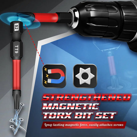 Security Torx Bit Set For Impact Driver, 29 PCs, T5 To TT40, S2 Steel, magnetic holder, showing TT9 bit and screwdriver attachment
