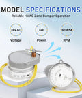 24V Synchronous Damper Motor 37944L Replacement For Ztech And Buetler Dampers shown with yellow wire and specs of 24V AC, 6W, 60RPM