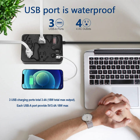 Weatherproof Outdoor Power Strip with 4 outlets and 3 USB ports shown with water droplets, next to a laptop and smartphone.
