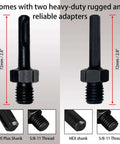 Two 2-inch core drill bits with 10-inch depth for concrete; includes 5/8-11 thread adapters for SDS Plus and HEX shanks.