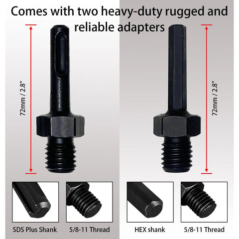 Two 72mm adapters with SDS Plus Shank and HEX shank for 4 Inch Diamond Core Drill Bits With 10 Inch Deep Drilling For Concrete With Rebar Brick Block Masonry Laser Welded Core Bit Set Includes Two 5/8-11 Thread Adapters For Dry Use And Pro Grade Heavy Duty Drilling.