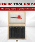 5-piece set of 3/8-inch indexable carbide lathe tool holders in a wooden display case with TCMT110204 inserts