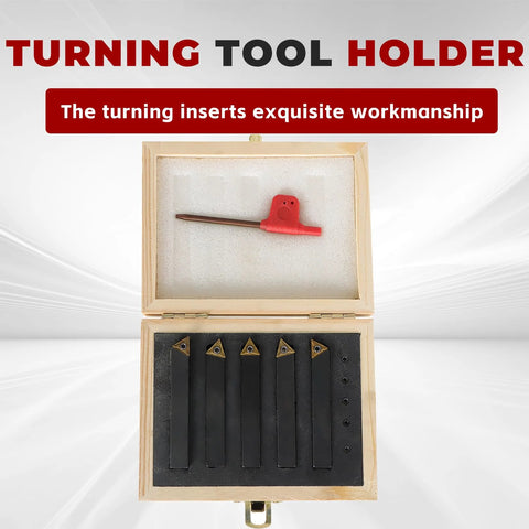 5-piece set of 3/8-inch indexable carbide lathe tool holders in a wooden display case with TCMT110204 inserts