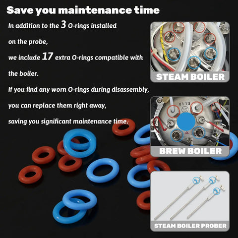 Premium Boiler Steam Probe Replacement Kit 3 Pack With Sealing Rings For Breville Sage Dual Boiler And Oracle Touch Espresso Makers, O-rings and probes layout.