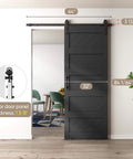 32x84 Inch Wave Style Sliding Barn Door Kit With Hardware Included, Solid Wood Core With MDF And PVC Covered, Easy Installation, Dope Black Finish, Farmhouse Ready Door For Living Room, Bedroom Or Kitchen Renovation installed in a room.