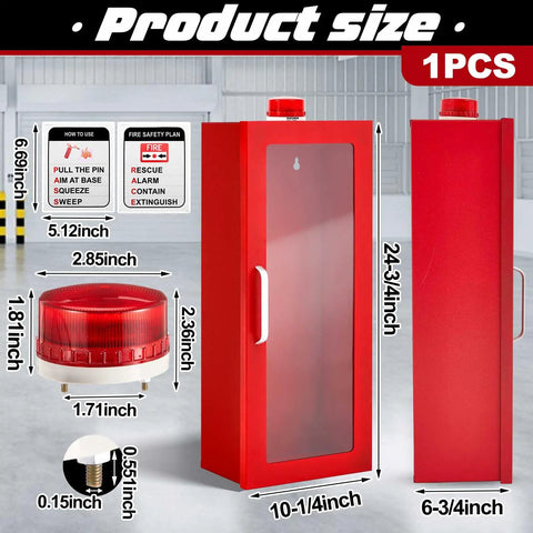 Front and side view of 10 Lb Fire Extinguisher Cabinet With Alarm, Wall And Surface Mount Steel Safety Case For Indoor Outdoor Use