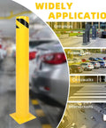 Two Beefy 42 Inch Steel Safety Bollards Rock Solid Parking Barrier Posts Powder Coated Finish in yellow for parking lot applications.