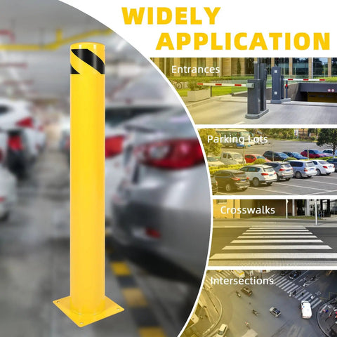 Two Beefy 42 Inch Steel Safety Bollards Rock Solid Parking Barrier Posts Powder Coated Finish in yellow for parking lot applications.