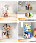 Rotating Makeup Organizer With Two Tier Lazy Susan Turntable for Vanity and Bathroom Counter, showing use in vanity, kitchen, cabinet, undersink.