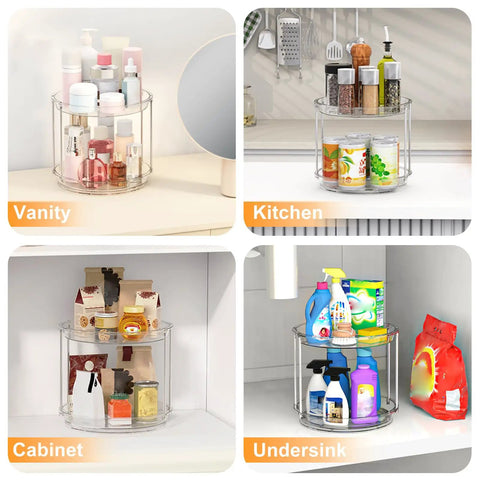 Rotating Makeup Organizer With Two Tier Lazy Susan Turntable for Vanity and Bathroom Counter, showing use in vanity, kitchen, cabinet, undersink.
