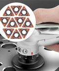 Badass 10 Pack Slick Triangle Carbide Cutter Heads For Mini Pneumatic Chamfering Machine With Heavy Duty Tin Coating displayed with chamfering tool.