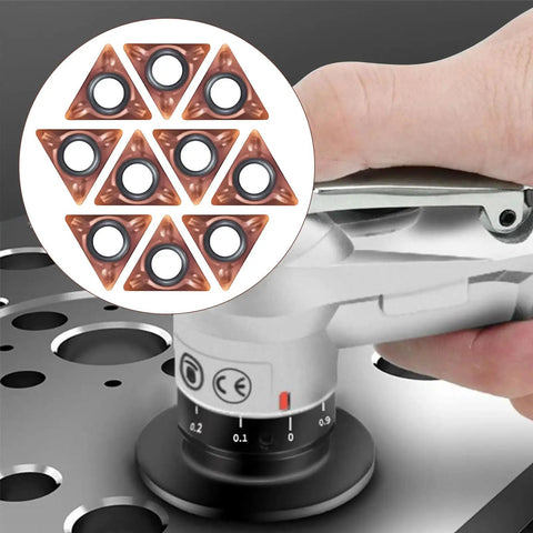 Badass 10 Pack Slick Triangle Carbide Cutter Heads For Mini Pneumatic Chamfering Machine With Heavy Duty Tin Coating displayed with chamfering tool.