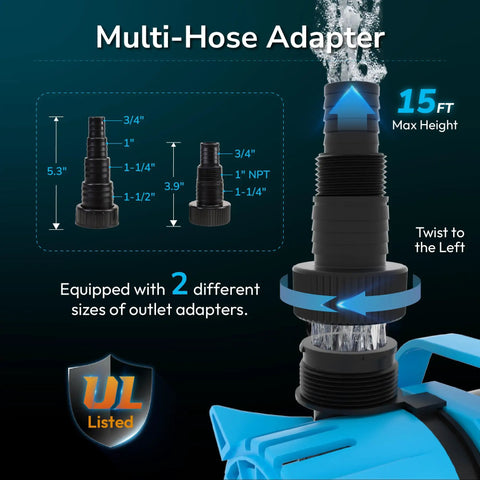 Diagram of multi-hose adapter for 2700GPH Submersible Pond Pump For Ponds, Fountains, Waterfalls And Hydroponics, UL Listed.