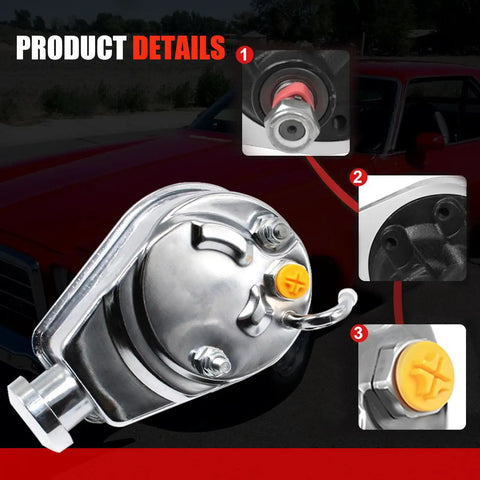 Close-up of Small Block Chevy SBC Pulley and Bracket Kit with Power Steering, aluminum details, no AC application visible.