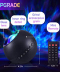 Upgrade Star Galaxy Projector Night Light with 15 Color Modes and Bluetooth Speaker, showing size, remote, and lens detail.