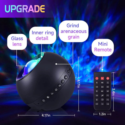 Upgrade Star Galaxy Projector Night Light with 15 Color Modes and Bluetooth Speaker, showing size, remote, and lens detail.