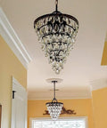 Crystal Chandelier in Farmhouse Bronze, 4 Light Hanging Pendant Fixture with clear droplets in hallway