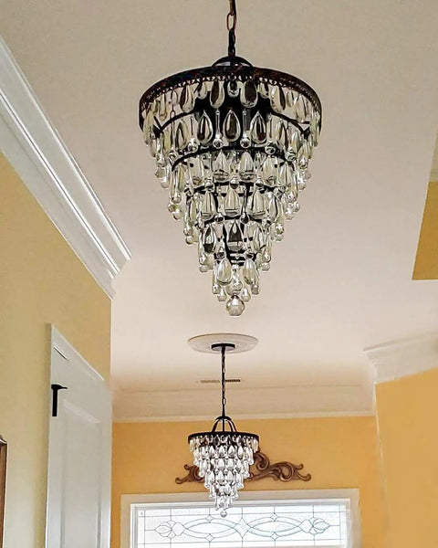 Crystal Chandelier in Farmhouse Bronze, 4 Light Hanging Pendant Fixture with clear droplets in hallway