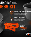 Camping Mess Kit features high quality aluminum cookware, quick heating and non-slip insulated handles for All In One 11 Piece Camping Cookware Set With Stove And Adapter For Backpacking Hiking And Picnics Nonstick Pot And Pan Steel Cup And Bowl Utensils And Buttler Knife Compact Mess Kit For One Person.