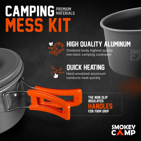 Camping Mess Kit features high quality aluminum cookware, quick heating and non-slip insulated handles for All In One 11 Piece Camping Cookware Set With Stove And Adapter For Backpacking Hiking And Picnics Nonstick Pot And Pan Steel Cup And Bowl Utensils And Buttler Knife Compact Mess Kit For One Person.