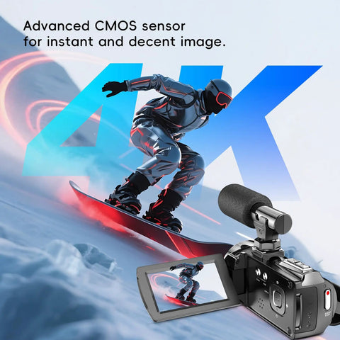4K Video Camcorder For YouTube Vlogging with snowboarding image showing 36MP photos, 3 Inch IPS Flip Screen, external mic, 270 degree rotating display