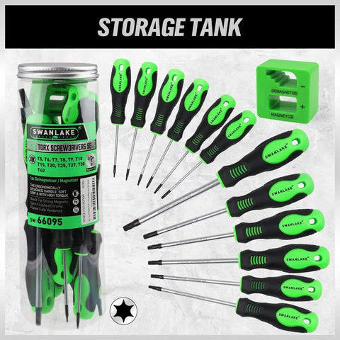 Magnetic Torx Screwdriver Set 13 Piece T5 To T40 Pro Grade Chrome Vanadium Steel with green and black handles
