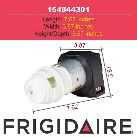 OEM Replacement Motor Kit 154844301 for fridge units, showing dimensions and Frigidaire branding, easy installation.