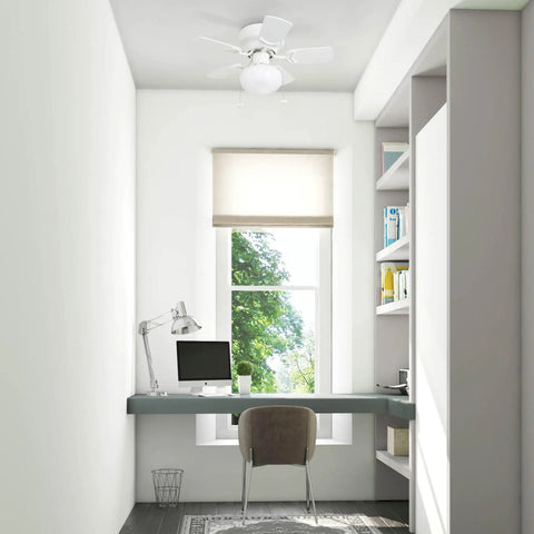 Home office with 28 Inch Traditional Flush Mount Indoor LED Ceiling Fan With Light, Pull Chain, Dual Finish Blades White On White Oak