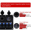 Waterproof Marine Four Gang Rocker Switch Panel With Dual USB Ports Cigarette Lighter And LED Blue Light For Car RV Boat Truck 12V 24V DC Heavy Duty ABS IP68, showing details and specifications.