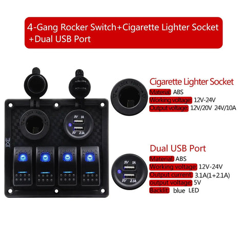 Waterproof Marine Four Gang Rocker Switch Panel With Dual USB Ports Cigarette Lighter And LED Blue Light For Car RV Boat Truck 12V 24V DC Heavy Duty ABS IP68, showing details and specifications.