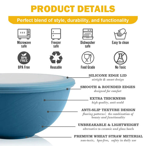 Top view of Wheat Straw Bowls Set with Lids, 40 Oz Unbreakable Cereal Bowls, highlighting safety and design features.