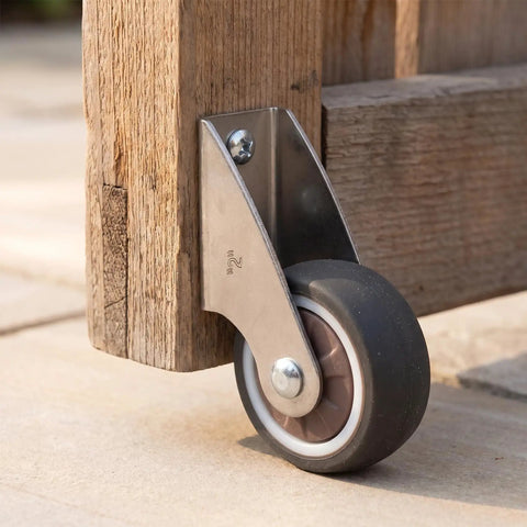 Two Inch Low Profile Door Support Wheels, Anti Sag Caster Rollers For Solid Wood Doors And Gates mounted on wooden gate