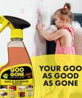 Child drawing on wall next to Adhesive Remover Gel Spray With Scraper 12 Oz For Glue, Stickers, Tape Residue, Gum, Grease, and Wax bottle.