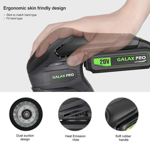 Cordless Detail Sander Kit With 20V Battery And Charger Included, ergonomic design in use, soft rubber handle, close-up view