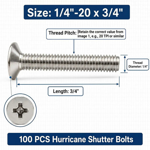 Hardcore Marine Grade 304 Stainless Steel Hurricane Shutter Fasteners 100 Piece Bulk Pack 1/4 Inch 20 X 3/4 In heavy duty screws displayed with specifications.