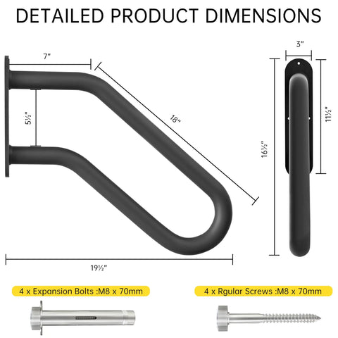 Detailed product dimensions for Built Like A Tank Heavy Duty Wrought Iron Hand Rails For Outdoor Steps, U Shaped exterior stair railing.