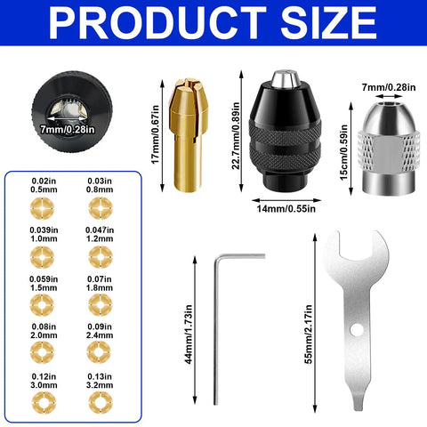 Drill Chuck Collet Set 15 Piece Kit With Brass Quick Change Nut For 1/32 To 1/8 Inch Shanks Replacement Keyless Chuck sizes and components