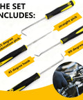 The set includes 4 pick and hook tools, part of the Must Have All In One 1540 Piece O Ring Assortment Kit With 4 Pick And Hook Tools, 32 Metric Sizes, Nitrile Rubber Seals For Pressure Washers, Automotive Repair, Plumbing And Industrial Use.