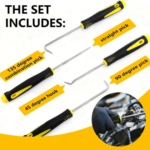 The set includes 4 pick and hook tools, part of the Must Have All In One 1540 Piece O Ring Assortment Kit With 4 Pick And Hook Tools, 32 Metric Sizes, Nitrile Rubber Seals For Pressure Washers, Automotive Repair, Plumbing And Industrial Use.
