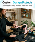 Woman using Printable Heat Transfer Paper for Dark Fabrics, 5 Sheets of 8.5 by 11 Inches, Matte Finish, Easy to Apply, on black shirt.