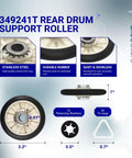 Dryer Repair Kit With Belt, Two Rear Drum Rollers, Idler Pulley, And Hardware For Whirlpool Kenmore Admiral Amana Dryers, 349241T roller