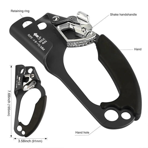 Right Hand Rope Ascender For 8 To 13mm Lines, Lightweight Aluminum Climbing Gear, shown with dimensions and components labeled.