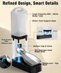 Diagram of 2.4 Gallon Stainless Steel Gravity Dog Water Dispenser With Ergonomic Handle Anti Splash Drinking Bowl No Filter Easy To Clean Multi Pet Hydration Station For Busy Pet Folks And Large Homes highlighting parts like water tank and bowl.