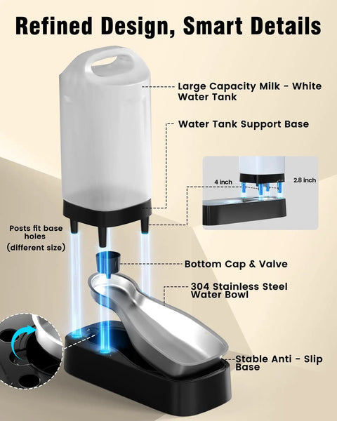 Diagram of 2.4 Gallon Stainless Steel Gravity Dog Water Dispenser With Ergonomic Handle Anti Splash Drinking Bowl No Filter Easy To Clean Multi Pet Hydration Station For Busy Pet Folks And Large Homes highlighting parts like water tank and bowl.