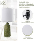 Green Ceramic Table Lamp With Leaf Pattern And White Linen Shade, 17 Inch Tall, Perfect Small Decorative Bedside And Living Room Lamp