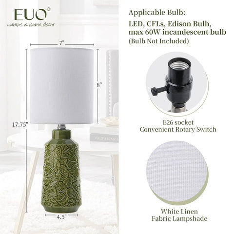 Green Ceramic Table Lamp With Leaf Pattern And White Linen Shade, 17 Inch Tall, Perfect Small Decorative Bedside And Living Room Lamp