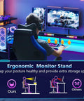 Gamer using 59 Inch Gaming Desk With LED Lighting, Reversible Computer Desk With Storage Shelves And Monitor Stand, Black